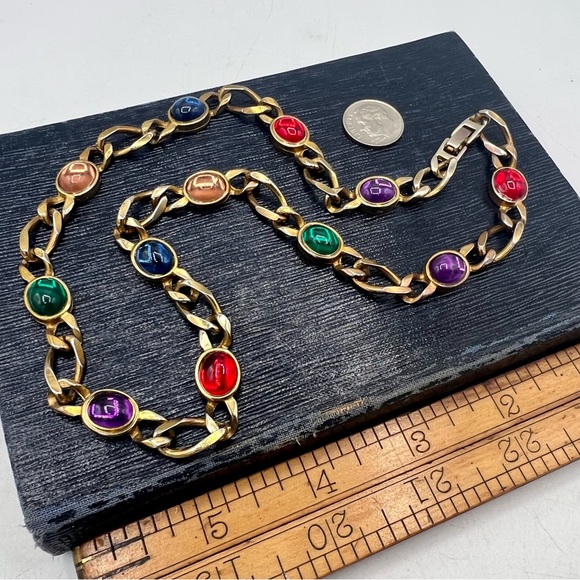 Vintage gold necklace colorful glass cabochons 19” statement jewelry - Picture 5 of 8